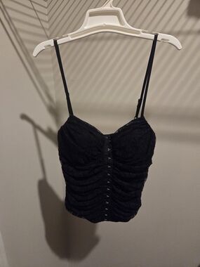 Black Lace Ruched Button-Front Cami Top